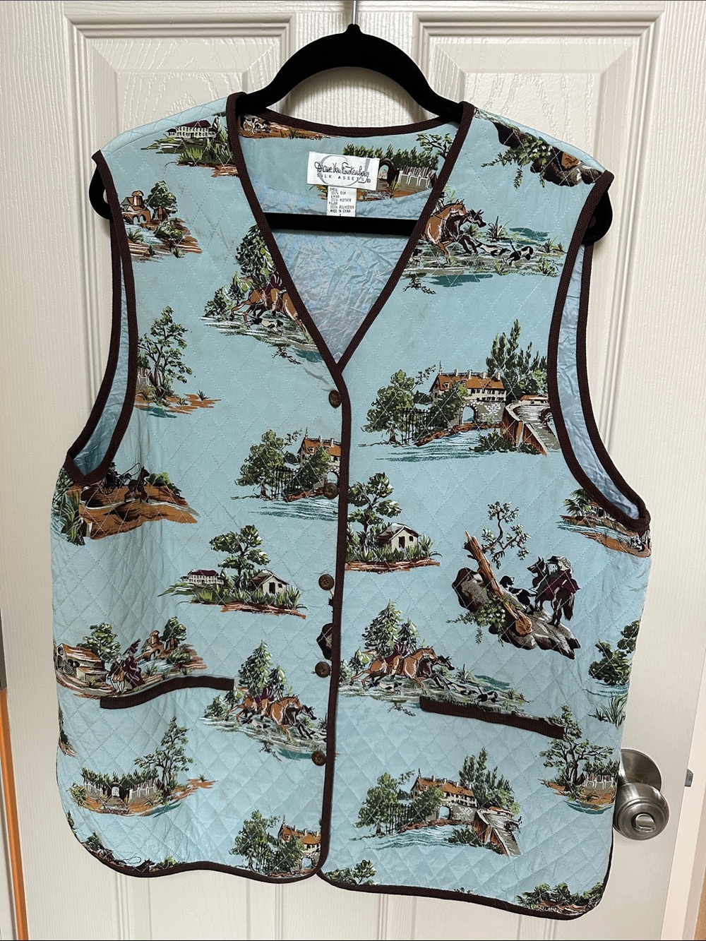 Vtg. Diane Von Furstenberg Silk Assets Quilted Scenic Print Vest in Light Blue